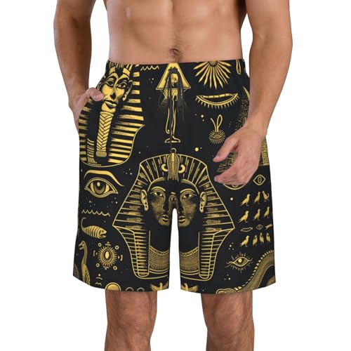 Men's Quick Dry Swim Shorts Egyptian Anubis Eye Hieroglyphs Pyramid Golden Beach Trunks with Pockets