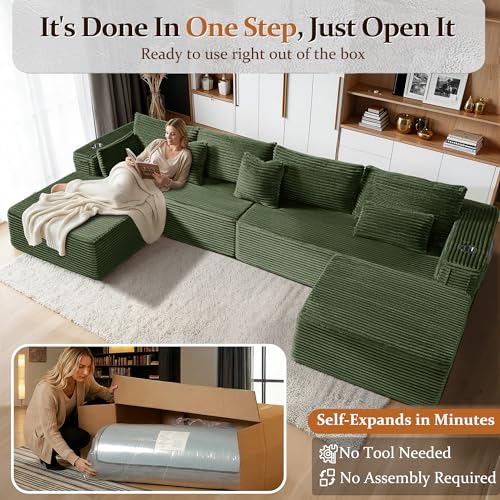 Image of 138 inch Cloud Sectional Couch, Comfort U Shaped Boneless Couch for Living Room, Extra Deep Seats No Assembly, Minimalist Modular Sofa, Corduroy (Olive Green, 3 Seater+Left Facing Chaise+Ottoman)