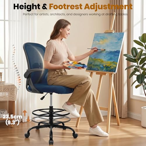 Image of Primy Drafting Chair Tall Office Chair with Flip-up Armrests Executive Ergonomic Computer Standing Desk Chair with Lumbar Support and Adjustable Footrest Ring (Navy)