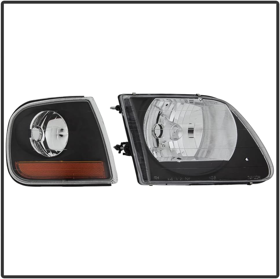 ACANII - For Black 1997-2003 Ford F150 Expedition Lightning Style Headlights Headlamps w/Corner Signal Lights 4pcs Set