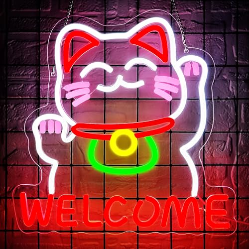 Image of Welcome Cat Neon Sign for Wall Decor Dimmable Lucky Cat Business Neon Light Suitable for Man Cave Store Shop Bar Restaurant Commercial Street Christmas Birthday Gift Size13*13In(WZCP012)