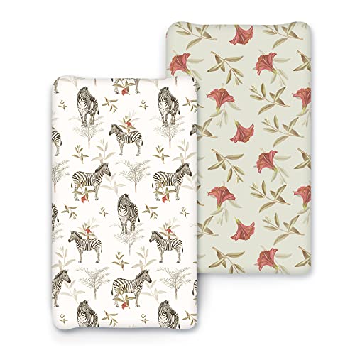 Image of ACRABROS Changing Pad Cover- Ultra Stretchy Snug Fitted Diaper Changing Table Cover Sheets for Boys Girls,2 Pack,Zebra Flora