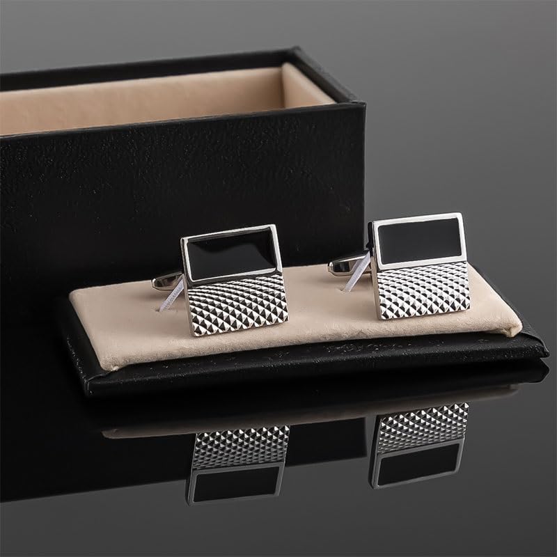 Gemelli in Metallo smaltato Argento con Pois Quadrati, Accessori Classici da Lavoro.