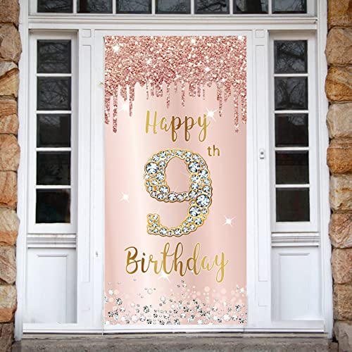 Image of Pink Rose Gold 9th Birthday Door Banner Decorations, Large Nine Year Old Party Sign, Photo Booth Props