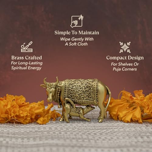 Image of Astrotalk Kamdhenu Cow Idol in Pure Brass | Compact Kamadhenu Idol for Vastu, Mandir for Home, Temple Shelf | Ideal Diwali Gift or Return Gifts for Pooja | Puja Mandir Decor | 5.5x2.5x4 cm | 1 Piece