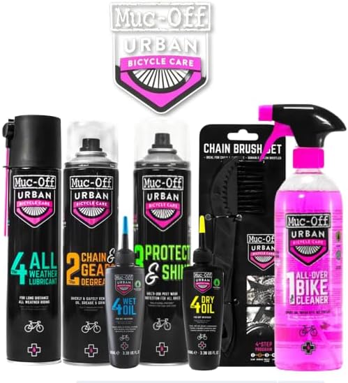 Muc Off Urban Essential 7 Piece Cleaning Kit Bundle, 4 Step Clean, Degrease, Lubricate and Protect with chain brush set