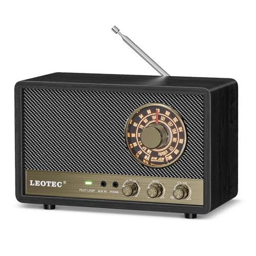 LEOTEC AM FM Radio,Retro Wood Table Radio,Portable Bluetooth Speaker Plug in Wall,Best Reception with AUX,Headphone Jack,Bass Control,Great for Home,Outdoor,Black
