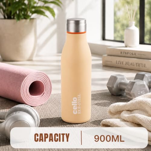 Image of CELLO Gem Stainless Steel Water Bottle for Daily Use 900 ml Orange | Easy to Carry & Clean, Rust Proof Leak Proof Freezer & Fridge Safe Single Wall Steel Water Bottle for School Kids, Travel & Office