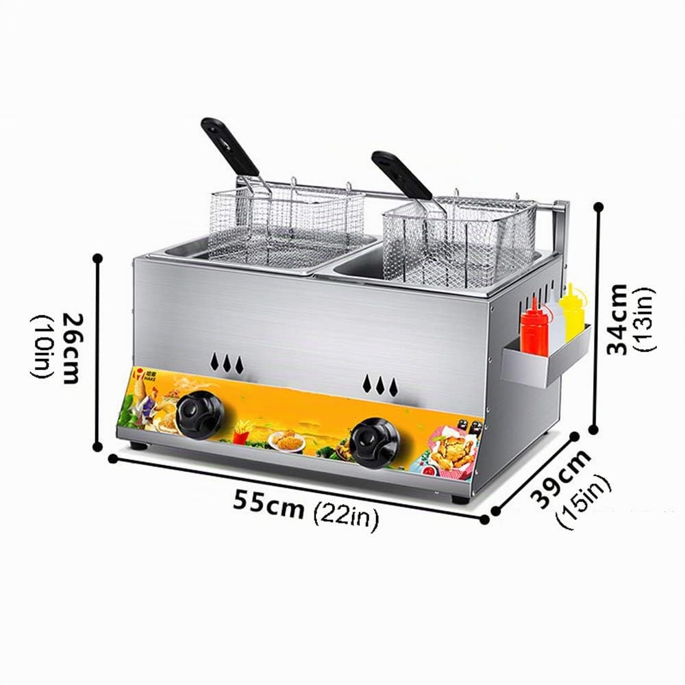 Freidora de gas de mesa de acero inoxidable, doble tanque de capacidad de 12 litros, con 2 canastas y aderezos, cocina industrial comercial o uso doméstico