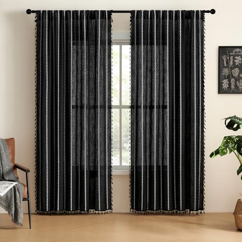 MitoVilla Boho Linen Bedroom Curtains 84 Inch Length 2 Panels Set, Black White Farmhouse Cotton Curtains for Living Room, Bohemian French Country Window Curtain Panels Tassel Draperies, 52’’W x 84’’L — image 1
