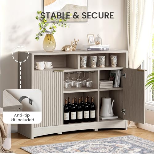 Amada Coffee Bar Cabinet with Wine Glass Rack, 47.2" Buffet Sideboard with Adjustable Shelves, Storage Cabinet for Kitchen,Entryway,Dining Room, Home Bar, Holds 200 lbs, Soft-Close Hinges,Grey