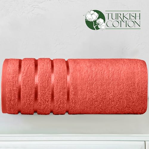 Image of Elegant Comfort 100% Turkish Cotton 4 Lines Viscose Stripe Jumbo Bath Towel - Hotel Spa Quality Extra Large 35 x 70 Inch Bath Towel Ultra Soft, Super Absorbent Quick Dry Large Bath Towel, Coral