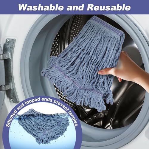 Image of 6 Pack Commercial Mop Head Replacement, Heavy Duty Reusable Mop Heads for General and Floor Cleaning, Wet Industial Blue Cotton Looped End String Cleaning Microfiber Mopheads Refills