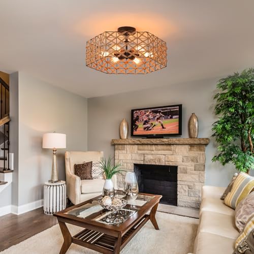 6-Light Large Coastal Boho Woven Flush Mount Ceiling Light Fixture 20 inch Handmade Hemp Rope Hexagon Cage Semi Flush Mount Ceiling Light for Hallway Entry Farmhouse Bedroom Living Room Beach, Black - Image 7