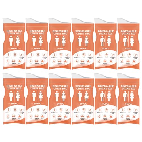 YUNHOLO 12 Pcs Disposable Urine Bags with Handle, 800ML Portable Urinal for Men, Emergency Toilet Pee Bags, Unisex Vomit Bag Travel Urinals for Men, Women, Pregnant, Patient, Kids, Car, Camping