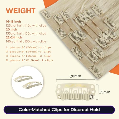 Image of Full Shine Seamless Clip in Human Hair Extensions, Platinum Blonde, 24 Inch | 160g 8 Pcs, Invisible PU Weft, Sleek Long Length Volume for Fuller Hair Styling, Full Head Coverage, Heat Styling Friendly