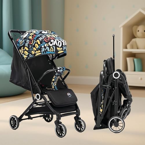 Image of Tinyberg stroller for baby boy 0 to 5 years | 5 Point Safety Harness, Adjustable backrest, 360 Swivel Wheel, Large Storage Basket With Back Pocket | Pram for Baby| One Click Foldable Trolley For Travel (Rainbow Black)