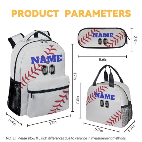 Custom Baseball Kids Backpack with Lunch Box, Set of 3 School Backpacks Matching Combo, Cute White Bookbag and Pencil Case Bundle4