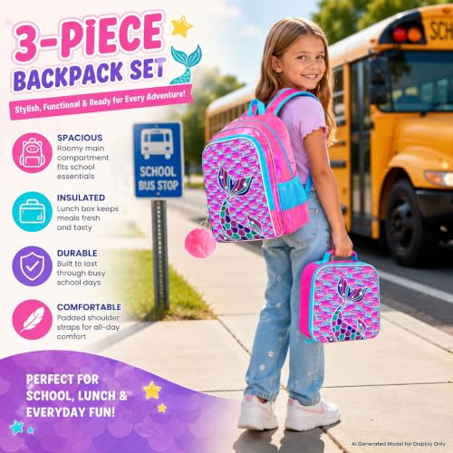 Image of 3Pcs Mermaid Girls Backpack, 16 inch Sequin Fish Tail Bookbag Set for Kids, Elementary Preschool Preschool School Backpacks with Lunch Box (Rose)