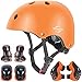 Casque réglable pour Enfants et équipement de Protection Ensemble genouillères coudières protège-Poignets (Orange, M(8-13 Years Old))