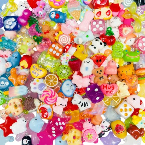 Mecchan 40Pcs Resin Charms Bulk Cute Pendants for Jewelry Making Bracelet Keychain Rave Kandi Includes Fruit Food Animal & Assorted Mini Ornaments Perfect for DIY Crafts