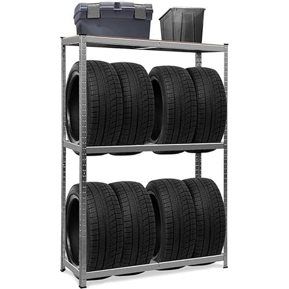 Scaffale Porta Gomme In Acciaio Con Piano MDF - Capacità 8 Pneumatici, Portata 150 Kg Per Ripiano