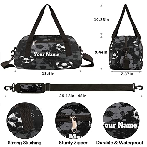 Custom Your Name Black Soccer Football Personalized Text Gym Duffle Bag for Kids,Sports Bag for Teens Boys & Girls Small Waterproof Overnight Weekender Carry School Practice Travel Bag4