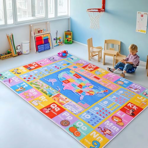 Kids Rugs for Playroom – Soft & Non-Slip 3×4 Feet Educational Rug for Learning ABC Alphabet, Numbers, Shapes & Map, Washable Classroom Rug for Toddler Nursery & Kids Room Decor