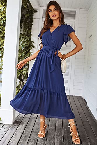 PRETTYGARDEN Women's Summer Floral Boho Maxi Dress Wrap Short Sleeve V Neck Ruffle A-Line Flowy Wedding Guest Long Dresses
