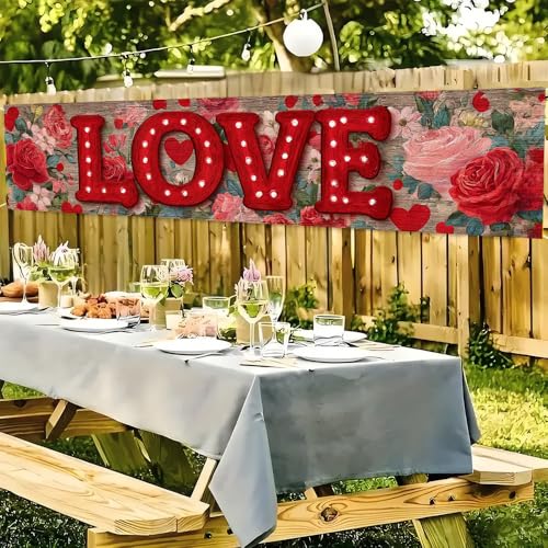 Image of Valentine Banner 78.74 x 17.72 Inch Red LOVE Lettering with Floral Background Romantic Roses and Heart Elements Ideal for Porch Sign Hanging Decoration for Valentine Party Decor