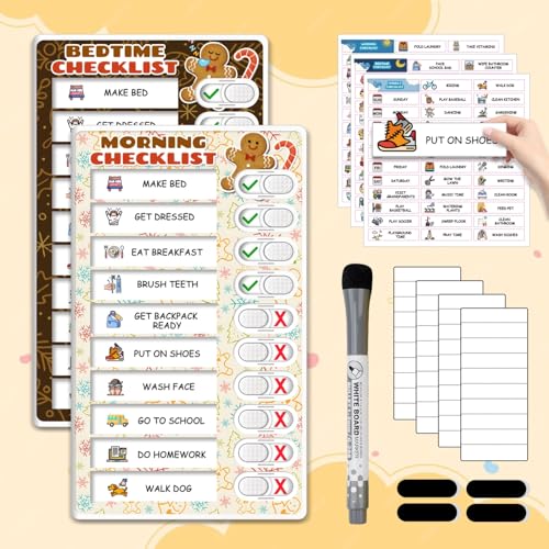 2 in 1 Upgraded Slider Gingerbread Chore Chart for Kids, Magnetic Kids Chore Chart for 2 Kids, Dry Erase Morning/Bedtime Routine Chart for Kids Toddlers Teens Adult, Visual Schedule for Kid