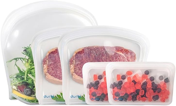 Durbl Clear Platinum Silicone Stand-Up Food Storage Bags, 5-Pack (Snack, Sandwich, Half Gallon), Transparent Leakproof, Plastic-Free, Freezer/Microwave/Dishwasher Safe