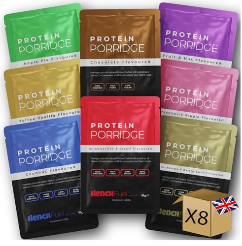 8 Flavours Protein Porridge by Hench Fuel, High Protein, Low Carb, Low Sugar Breakfast, High Fibre, Overnight Oats, Real Fruit, Porridge Pots, High Protein Porridge, Meal Replacement
