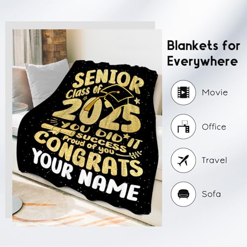 Personalized Graduation Blanket - Custom Class of 2025 Graduation Gifts for Her or Him - 40"x50" Flannel Soft Throw Decorations - Senior 2025 Gold Blankets for College, High School