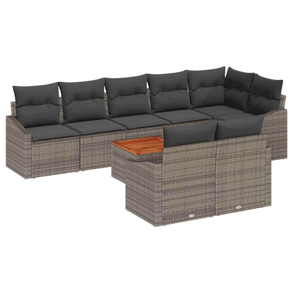 vidaXL Conjunto de sofás de jardín 9 uds. Gris ratán sintético | Buenas vibras modernas con tonos grises y marrones, Incluye cojines que aguantan el clima,