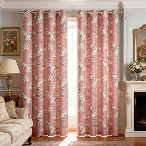 VOGOL Magnolia Floral Print Curtains, Large Scale Botanical Flower Drapes for High Windows, Room Darkening Privacy Window Treatments, 60x106 Inches, 2 Panels, Coral Blush