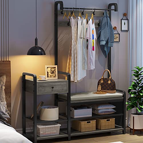Itaar Hall Tree, Entryway Bench, Shoe Rack For Entryway, Coat Rack Furniture With Storage, Soft Cushion And Hanging Rod, Oak Grey #TOP2