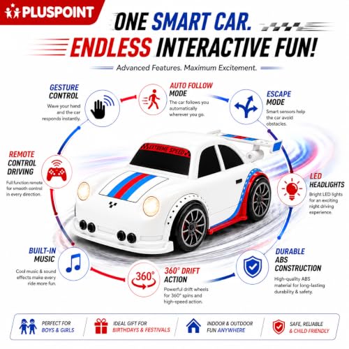 Image of PLUSPOINT Smart RC Drift Toy Car for Kids | 2.4GHz Remote Control Car with Gesture Induction, Auto Follow, LED Lights & Music | Rechargeable Drift Racing Car for Boys & Girls Age 3+