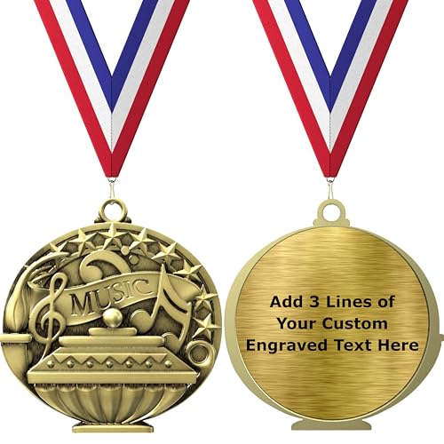 Express Medals Pack of 10 (or More) Engraved Gold Music Award Medals with Red White Blue Neck Ribbons 10pk Medal Awards Plaque APM