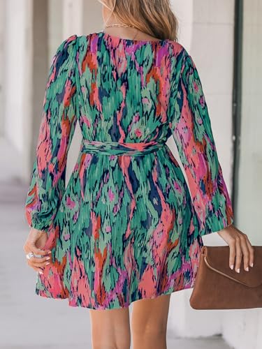 CUPSHE Women's V-Neck Mini Dress - Abstract Print, Peasant Sleeves, Belted Loose Fit (Sizes XS-XL)