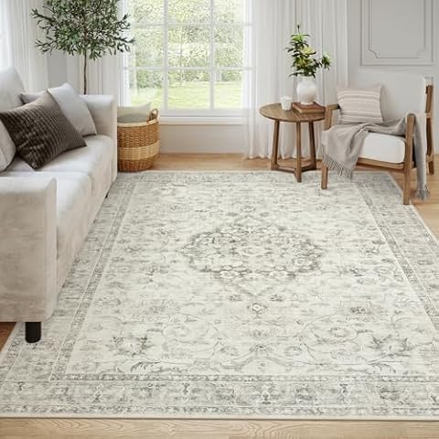 LIVEBOX Machine Washable Area Rugs 8x10 - Large Farmhouse Rugs for Living Room Oriental Rug for Bedroom, Non-Slip Retro Medallion Carpet Print Distressed Rug for Dining Room Guest Room Office, Taupe Cover