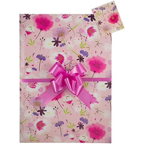Poppy and Flowers, Pink Gift Wrap Pack, 2 Sheets, 2 Matching Tags and 2 Cerise Pull Bows, Arrives in an A4 Boarded Envelope for Protection, Female Ladies Women Birthday Gift, Present Cover