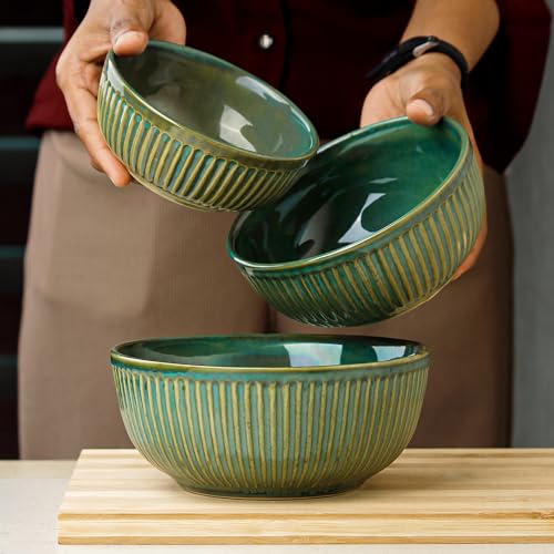 Image of The Earth Store Glam Green Ceramic Bowl Set - Set of 3 | Includes 850 ML, 500 ML, 250 ML Bowls for Serving, Snacks, and More | Perfect for Christmas Gift | New Year Gift & Daily Use