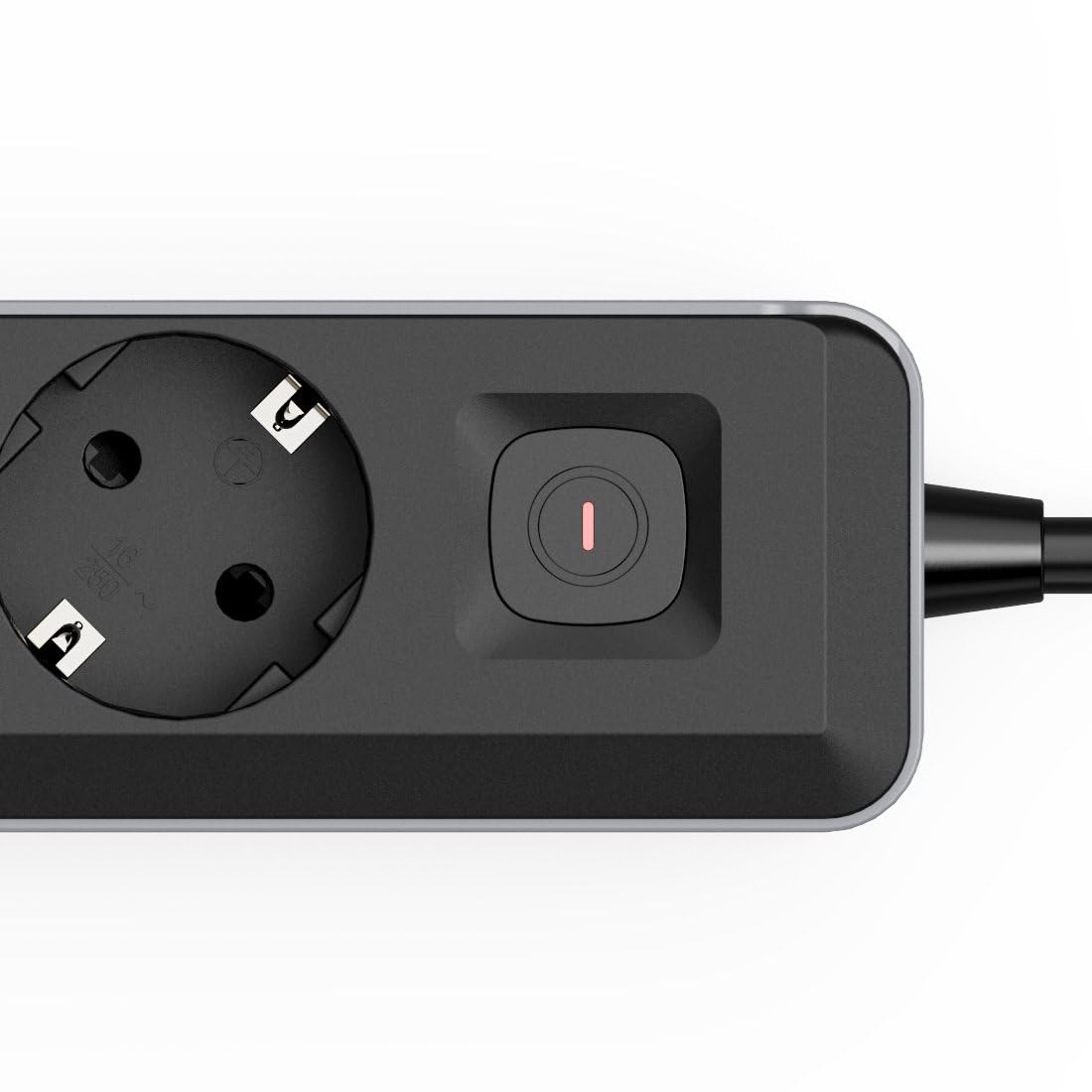 Hama Steckdosenleiste mit 2 Erdungssteckdosen + 3 USB-Ports mit Schalter (Mehrfachsteckdose, 2 x USB-C + 1 x USB-A, 65 W PD, Schnellladung, Kabel 1,4 m, 2 Schuko-Steckdosen, kompatibel mit Frankreich
