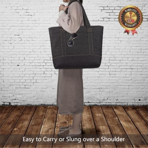 Image of TOPDesign 1-Pack Canvas Tote Bag with an External Pocket, Reusable Grocery Shopping Bag, Top Zipper Closure, Daily Essentials (Washed Black Denim)