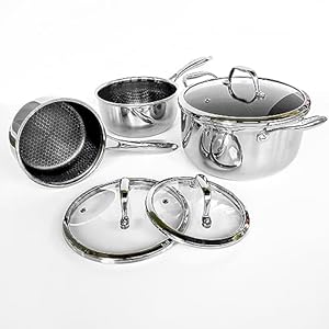 Cooksy 6 Piece Pot Set Hexagon Surface Hybrid Stainless Steel 1.5, 3, and 6 Quart Pots with Lids