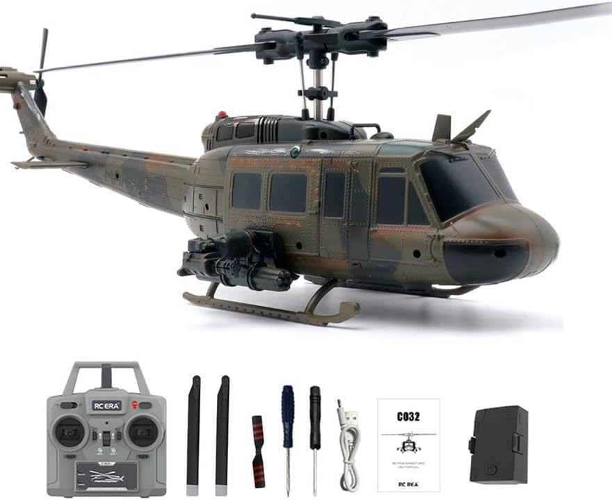 Helidirect RC ERA C032 Huey UH1 6CH Gyro Stabilized RC Aircraft with Altitude Hold & Optical Sensor, 3D RC Helicopter RTF for Beginners, Adults Upgraded Transmitter (Yellow W/o Weapons (ERA-C032-Y))