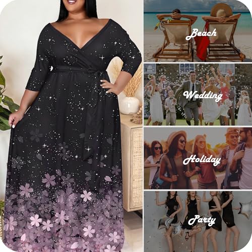 Image of Nmoder Plus Size Maxi Dress for Women - Summer Casual 3 /4 Sleeve Floral Flowy Long Dress with Belt XL- 6XL