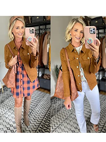 Luvamia Women's Classic Casual Long Sleeves Jacket Basic Button Down Trucker Jacket Jean Jacket Women Coat Brown Size Medium Fits Size 8 / Size 10 #TOP2