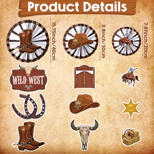 Image of Affrolling 18 Pack Western Party Decorations Including 9 Pcs West Wooden Hanging Paper Fans and 9 Pcs Wagon Wheels Saddle Shorse Horseshoe Cowboy Hat Sticker for Wild Party Birthday Classroom Decor